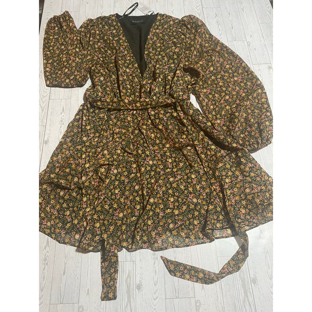 MINKPINK Floral Ruffle Mini Dress Women’s Large Black Yellow Boho NWT